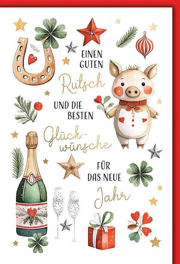 Neujahrskarte Glückwünsche – Glücksschwein mit Hufeisen und festlichem Champagner-Design