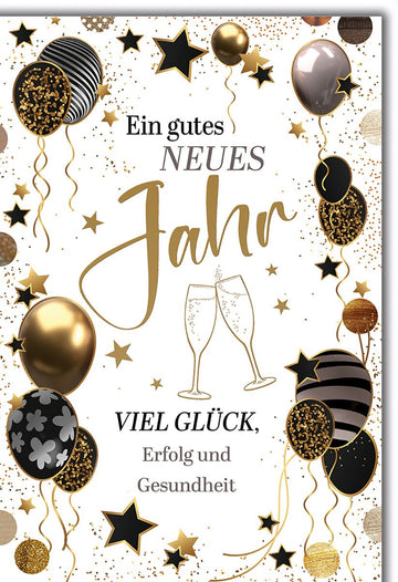 Neujahrskarte Glückwünsche – Goldene Luftballons mit Sektgläsern und Sternenmotiv