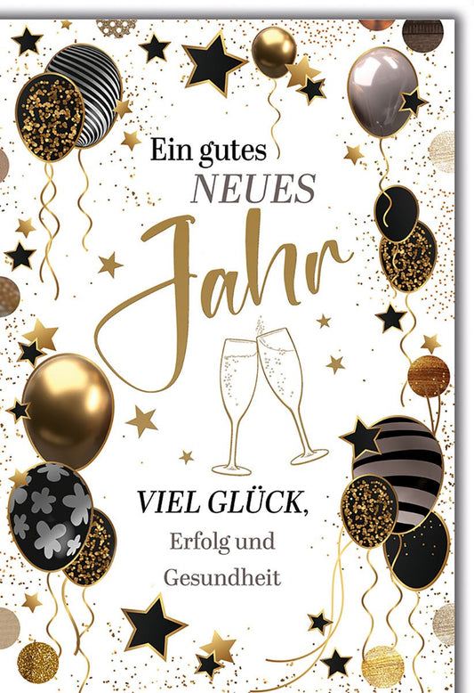 Neujahrskarte Glückwünsche – Goldene Luftballons mit Sektgläsern und Sternenmotiv