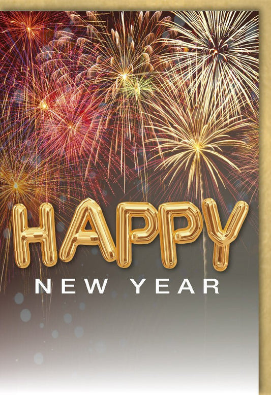 Neujahrskarte mit Feuerwerk - Design – Goldene Grüße zum Jahreswechsel, Silvesterkarte für eine festliche Feier