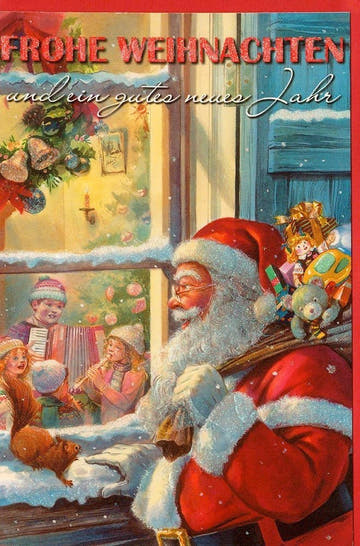 Nostalgische Weihnachtsgrußkarte mit Vintage Weihnachtsmann am Fenster