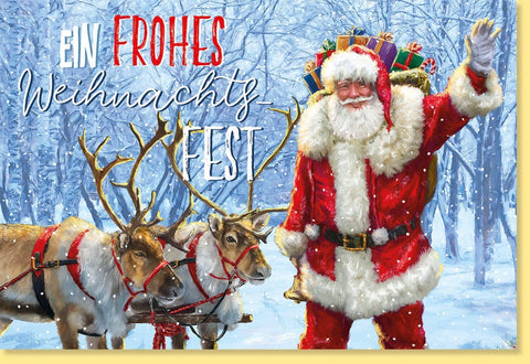 Nostalgische Weihnachtskarte: Festlicher Weihnachtsmann mit Rentieren, Schnee & Glitzer im Goldrahmen