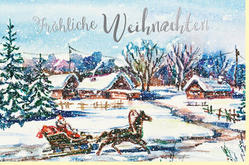Nostalgische Weihnachtskarte: Glitzernde Silberfolie, Schneelandschaft mit Häusern & Bäumen