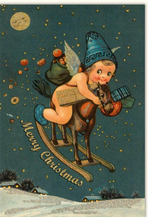 Nostalgische Weihnachtskarte mit Engel & Schaukelpferd - Vintage Design, Festliche Motive, Sterne, Schnee & Goldglanz - 210x148mm
