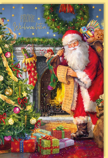 Nostalgische Weihnachtskarte mit Weihnachtsmann, Baum & Geschenken - Vintage Design mit Goldfolie und festlicher Kamin - Dekoration
