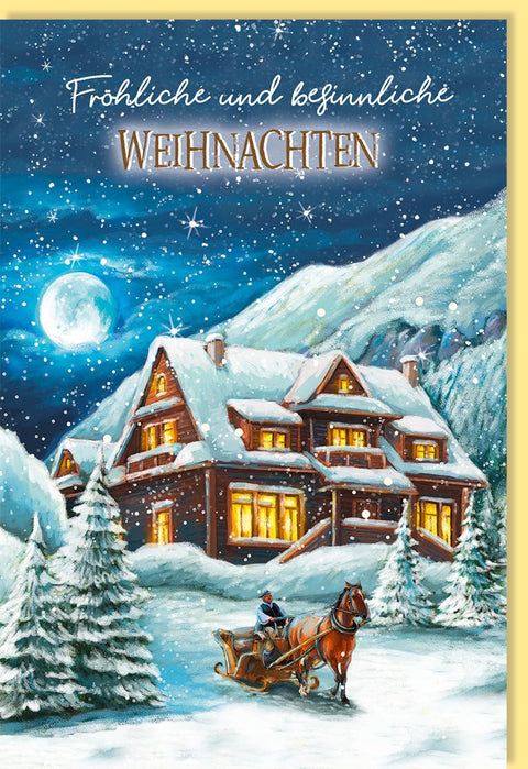 Nostalgische Weihnachtskarte: Pferdeschlitten im Mondschein, Winterlandschaft, Schneehütte & Tannenbaum - Frohe Weihnachten!