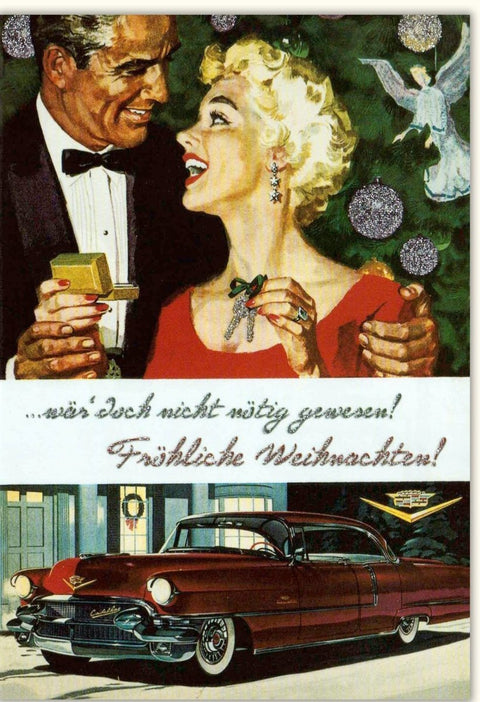 Nostalgische Weihnachtskarte - Vintage Cadillac & Schnee Motiv für festliche Grüße