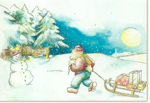 Nostalgische Weihnachtskarte - Vintage Hund & Schlitten, Winterzauber mit Schneemann und Geschenken unter dem Baum