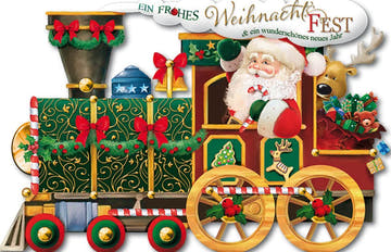 Nostalgische Weihnachtskarte - Vintage Zug mit Santa, Rentieren & Geschenken, umrahmt von Tannenzweigen für ein festliches Retro - Erlebnis