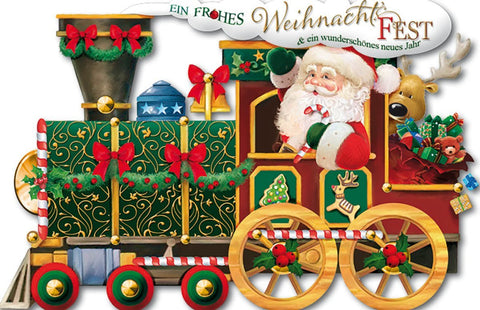 Nostalgische Weihnachtskarte - Vintage Zug mit Santa, Rentieren & Geschenken, umrahmt von Tannenzweigen für ein festliches Retro - Erlebnis