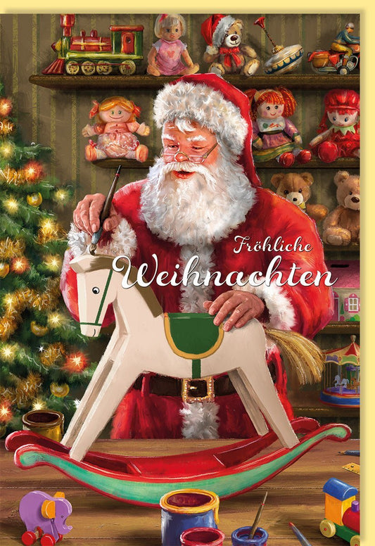 Nostalgische Weihnachtskarte: Weihnachtsmann auf Holzpferd, Retro Spielzeug - Werkstatt, Festliche Grußkarte für traditionelle Familienfreude