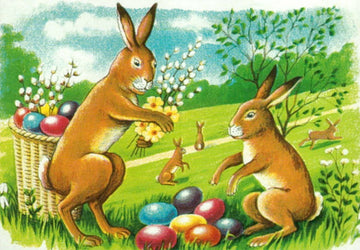 Ostergrußkarte mit Hasen auf Wiese und Ostereiern im Vintage - Stil
