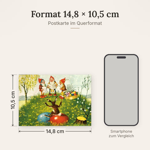 Ostergrußkarte mit Osterhase und Zwergen im Vintage-Stil