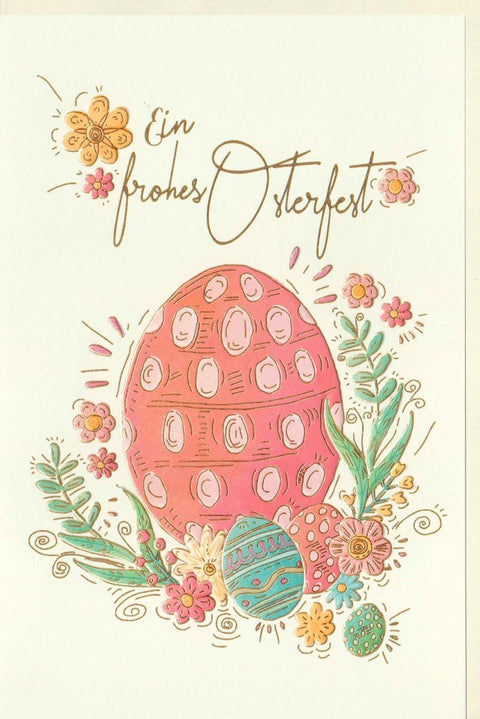 Osterkarte "Frohe Ostern" – Festliche Frühlingsgrüße mit Blumen und Eiern für das Osterfest