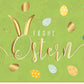 Osterkarte Frohe Ostern mit goldener Schrift und bunten Ostereiern auf grünem Hintergrund hochwertige Grußkarte für Ostergrüße