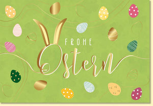 Osterkarte Frohe Ostern mit goldener Schrift und bunten Ostereiern auf grünem Hintergrund hochwertige Grußkarte für Ostergrüße
