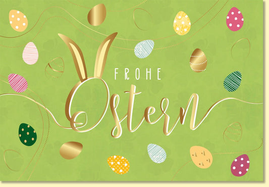 Osterkarte Frohe Ostern mit goldener Schrift und bunten Ostereiern auf grünem Hintergrund hochwertige Grußkarte für Ostergrüße