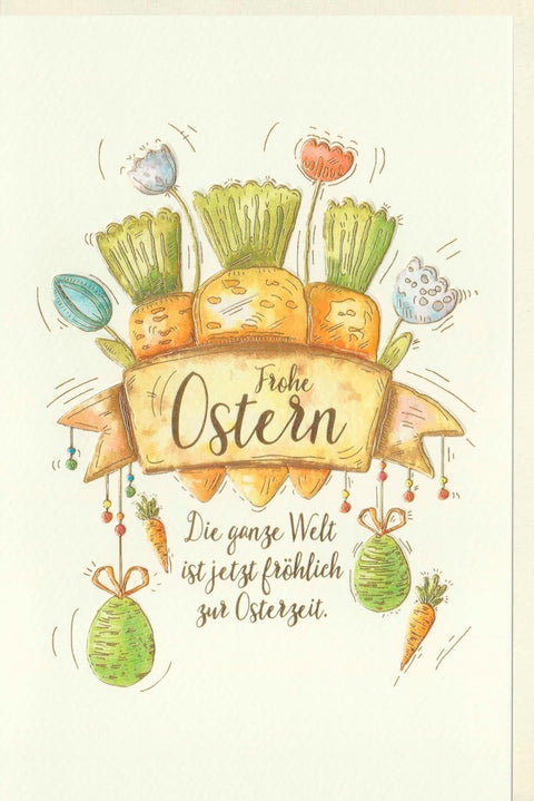 Osterkarte: Frohe Ostern mit Hase & Nest - Frühlingsgrüße, Eier & Karotten Design