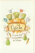 Osterkarte: Frohe Ostern mit Hase & Nest - Frühlingsgrüße, Eier & Karotten Design