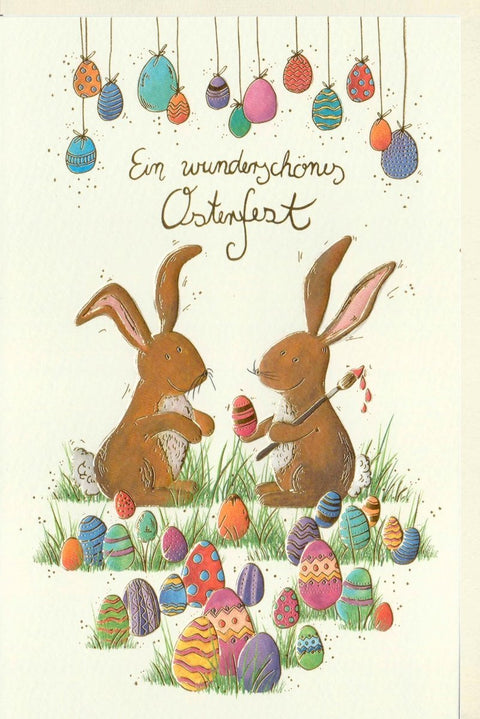Osterkarte - Fröhliche Grüße mit bunten Ostereiern & Hasen für Familie und Freunde zum Osterfest