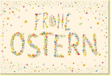 Osterkarte Fröhliche Ostern mit bunten Blumen und frühlingshaften Motiven liebevoll gestaltet als hochwertige Grußkarte für Ostergrüße