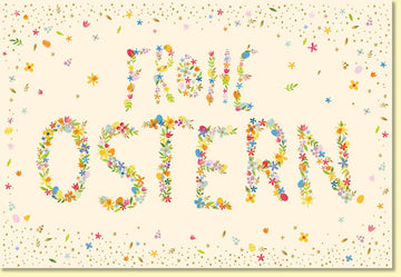 Osterkarte Fröhliche Ostern mit bunten Blumen und frühlingshaften Motiven liebevoll gestaltet als hochwertige Grußkarte für Ostergrüße