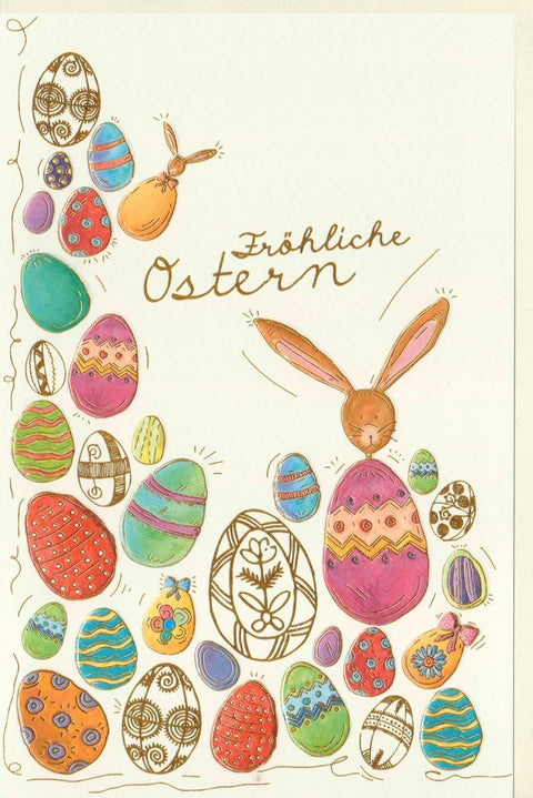 Osterkarte – Frühlingsgrüße mit Hase, bunten Eiern und Nest – Frohe Ostern Feiertagskarte