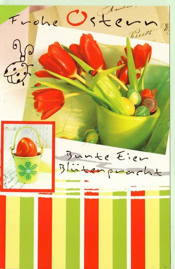 Osterkarte Frühlingszauber: Bunte Eier und Blüten in voller Pracht