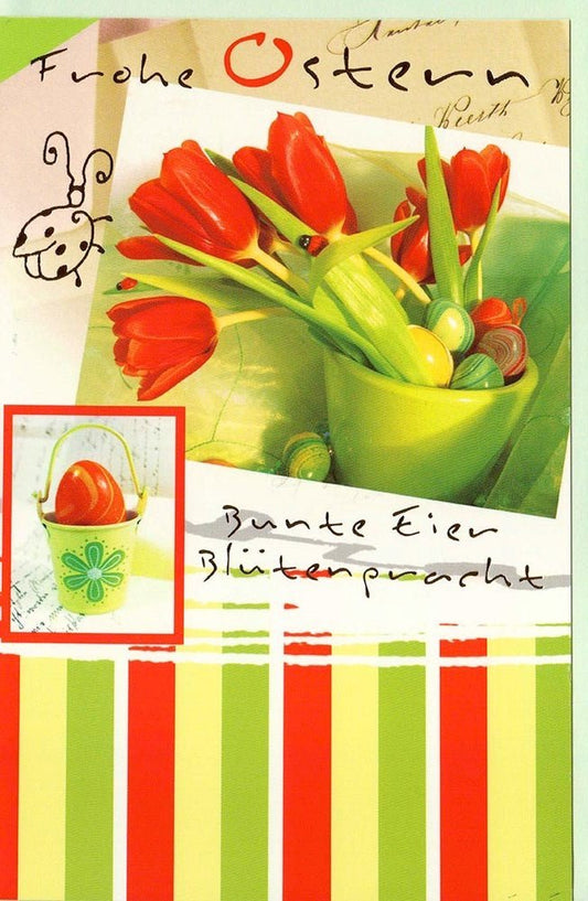 Osterkarte Frühlingszauber: Bunte Eier und Blüten in voller Pracht
