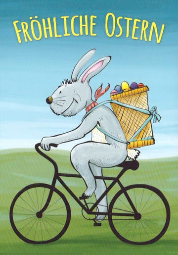 Osterkarte: Hase auf Fahrrad mit buntem Eierkorb – Frühlingsgruß mit Wiese & Himmel, Festliche Freude für die Familie