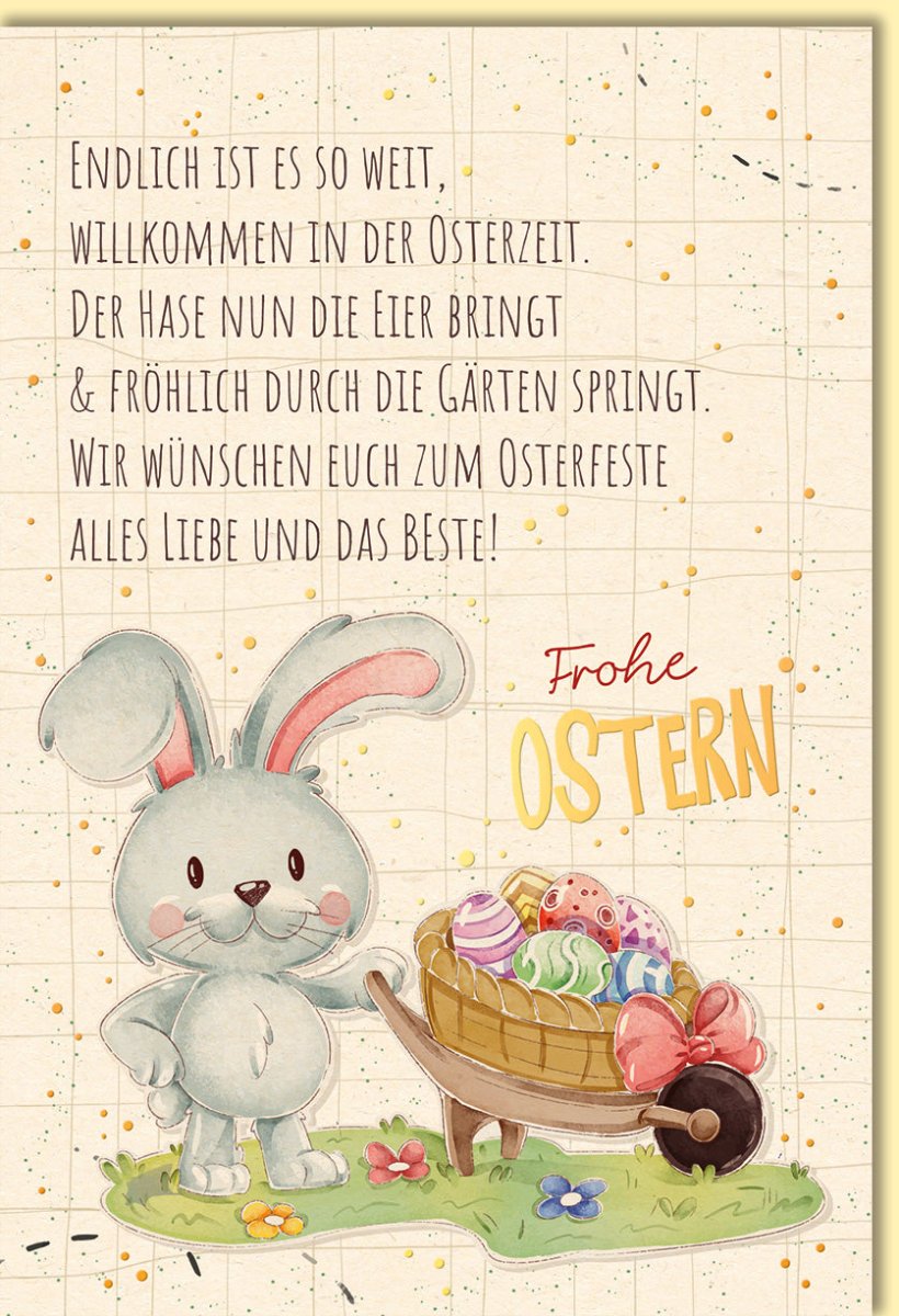 Osterkarte mit Hase und Ostereiern fröhliche Doppelkarte für Ostergrüße liebevolle Doppelkarte zu Ostern für Familie und Freunde