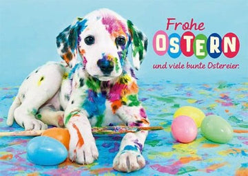 Osterkarte mit Hundemotiv – Fröhliche Frühlingsfarben & Ostereier für Familie & Freunde, Festliche Grußkarte zum Versenden