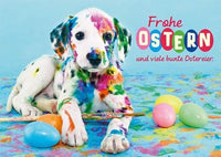 Osterkarte mit Hundemotiv – Fröhliche Frühlingsfarben & Ostereier für Familie & Freunde, Festliche Grußkarte zum Versenden