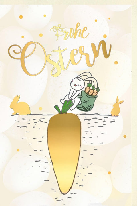 Osterkarte mit Osternest & Hase – Fröhliche Festtagsgrüße in Gelb und Pastell, Karotten - & Eierdesign