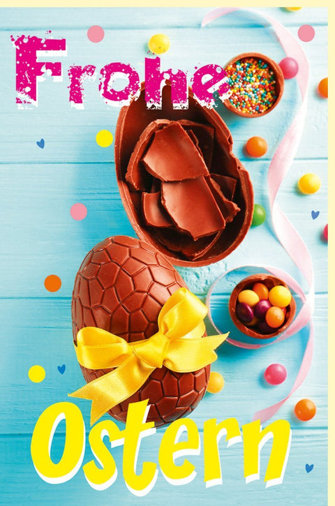 Osterkarte mit Schokoladeneiern, bunten Punkten & gelbem Band - Fröhliche Grußkarte zur Osterdekoration