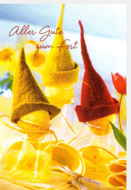 Osterkarte mit Spruch - Tulpen in Gelb & Rot, Frühlingsblumen für Traditionelle Familienfeier, "Frohe Ostern" Gruß mit Eier - und Hütemotiven