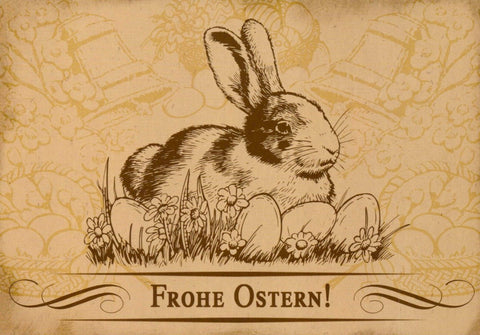 Osterkarte mit Vintage - Hasen & Eiern, Frühlingsblumen in Pastell, Retro Ostergrüße in Sepia - Dekorative Postkarten für das Fest