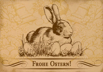Osterkarte mit Vintage-Hasen & Eiern, Frühlingsblumen in Pastell, Retro Ostergrüße in Sepia - Dekorative Postkarten für das Fest