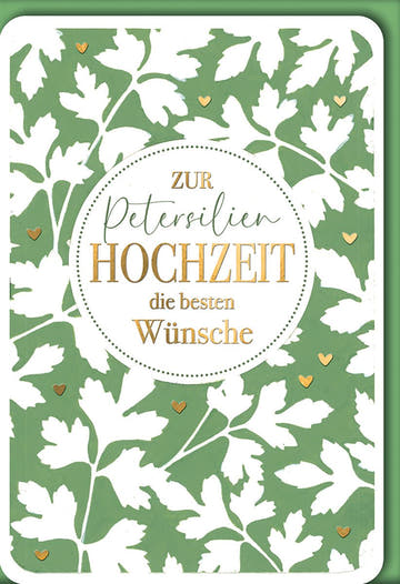 Petersilienhochzeitskarte Elegant – Goldene Schrift auf grünem Blattmuster mit Herzdetails