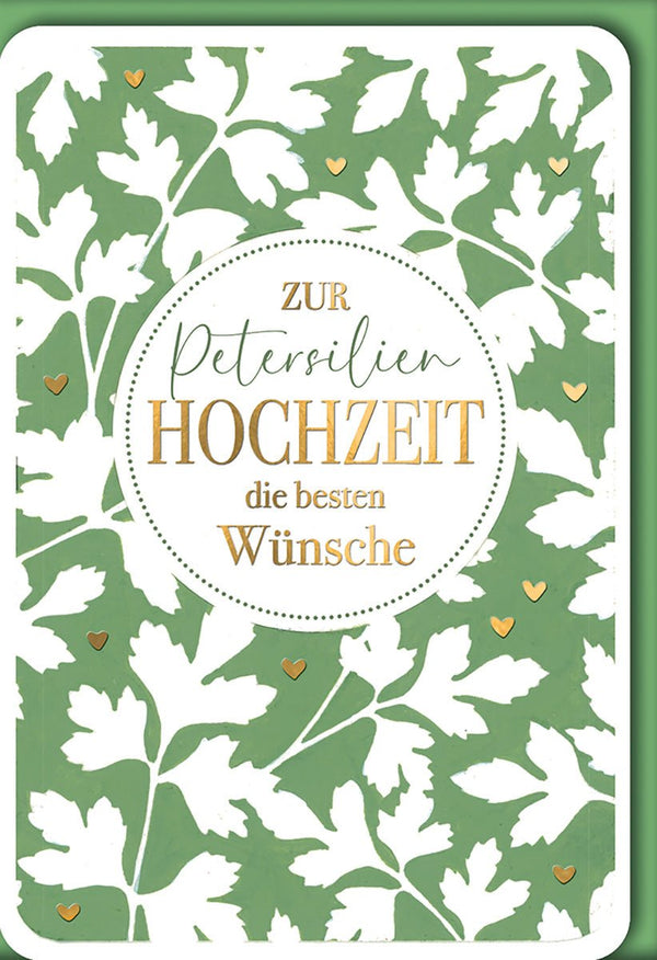 Petersilienhochzeitskarte Elegant – Goldene Schrift auf grünem Blattmuster mit Herzdetails