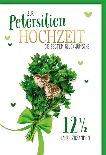 Petersilienhochzeitskarte – Petersilienstrauß mit goldenen Herzen und grünem Band