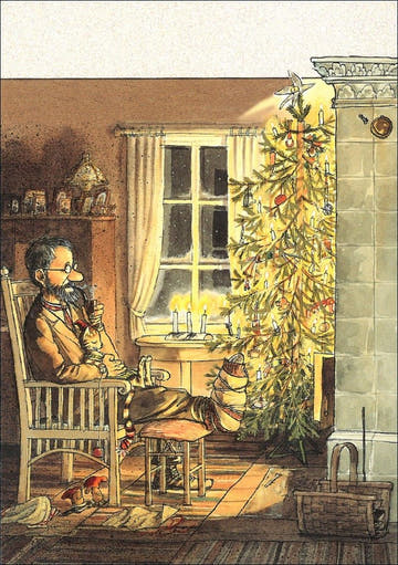 Pettersson und Findus Weihnachtspostkarte Weihnachtsabend