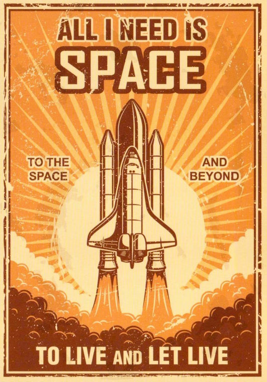 Postkarte - "All I Need is Space and Beyond" - Vintage Raketen - Design, Sonnenaufgang in Orange & Braun, Englischer Spruch, Retro Space Postkarten - Englisch