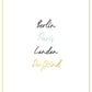 Postkarte Dorfind Spruch Berlin Paris London Dorfkind minimalistisch modern schwarz weiß gold Schrift Design