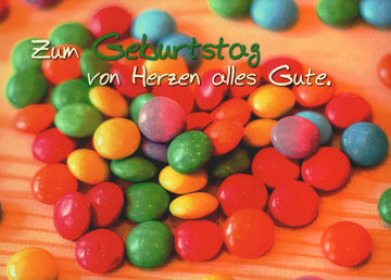 Postkarte Geburtstag bunte Smarties von Herzen alles Gute farbenfrohe Postkarte mit Spruch liebevolle Glückwünsche zum Geburtstag