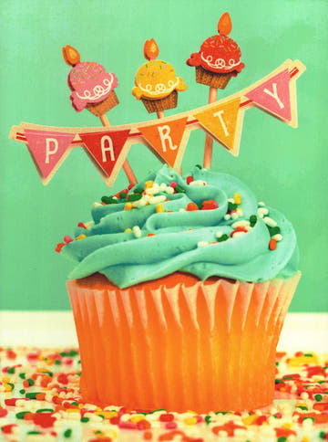 Postkarte Geburtstag Cupcake mit Kerzen und Party Wimpel Bunte Geburtstagspostkarte für Kinder und Erwachsene Fröhliches Motiv