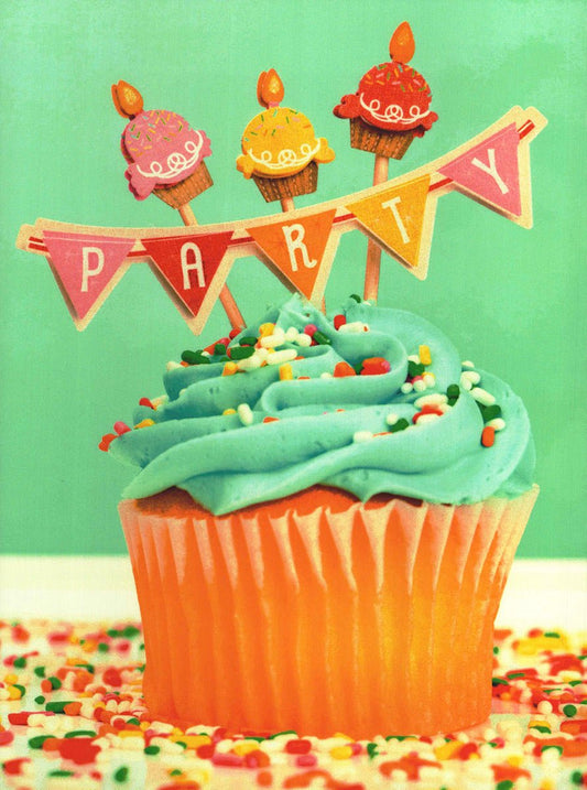 Postkarte Geburtstag Cupcake mit Kerzen und Party Wimpel Bunte Geburtstagspostkarte für Kinder und Erwachsene Fröhliches Motiv