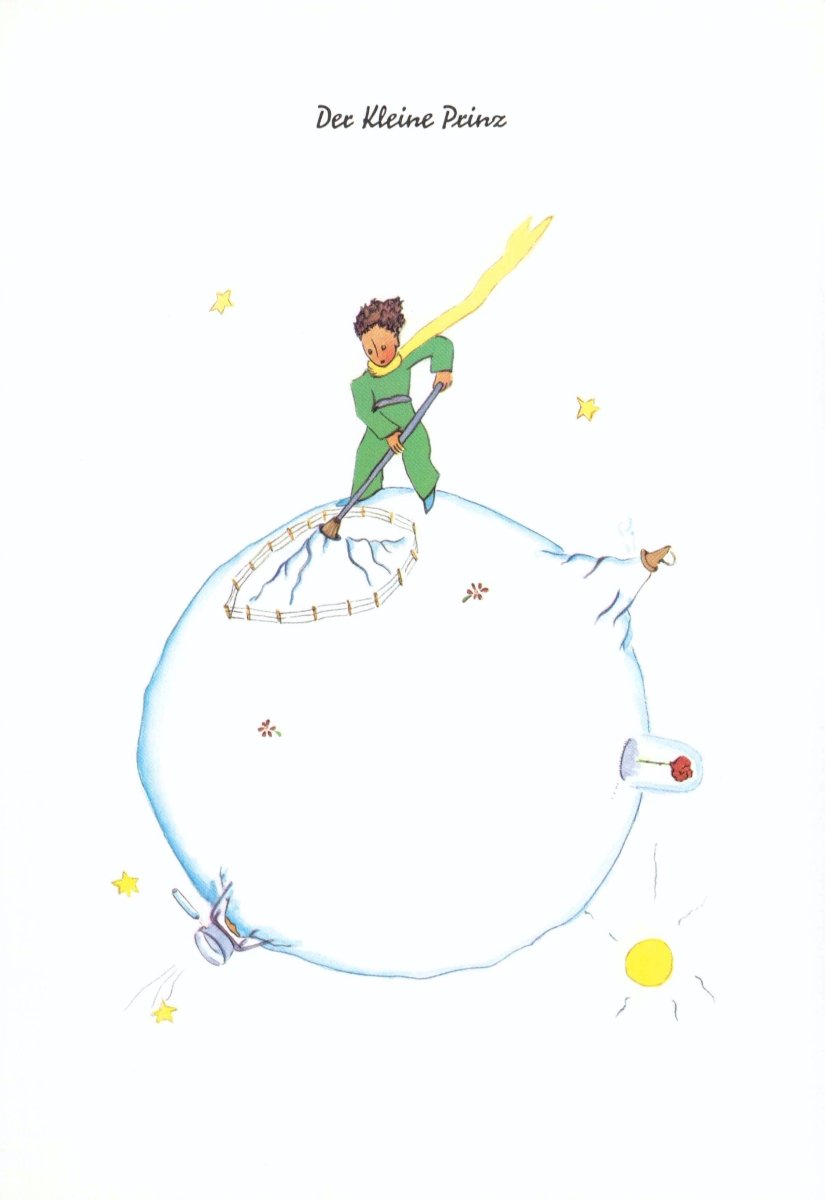 Postkarte Geburtstag Der kleine Prinz für Kinder mit liebevollem Motiv Sternen Planet und gelbem Schal perfekte Postkarte zum Geburtstag