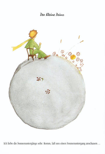 Postkarte Geburtstag für Kinder Der kleine Prinz auf Planet mit Sonnenuntergang und Blumen liebevoll illustriert Postkarte Kinder