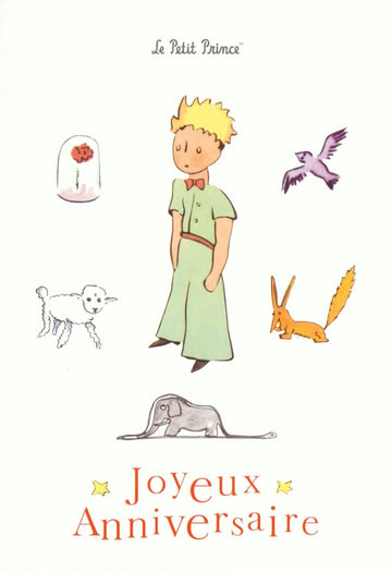 Postkarte Geburtstag für Kinder Der kleine Prinz mit Fuchs Schaf Rose und Elefant liebevoll illustriert französische Postkarte zum Geburtstag